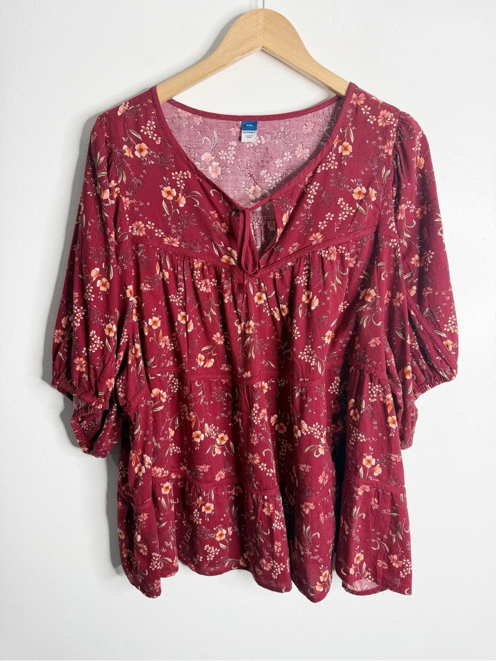 Old Navy Puff-Sleeve Floral Tiered Swing Boho Top Burgundy Floral XXL Flowy